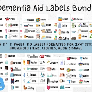 Labelbundel dementiehulp, afdrukbare items dementiezorg, dementie-activiteiten, dementieborden, Alzheimer-cadeau, geheugenverlies, huishoudelijke labels
