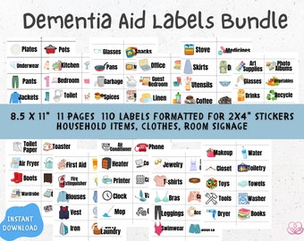 Puede incluir: Un conjunto de 110 etiquetas imprimibles para artículos del hogar, ropa y señalización de habitaciones. Las etiquetas están formateadas para pegatinas de 5 x 10 cm y están diseñadas para ayudar a las personas con demencia.