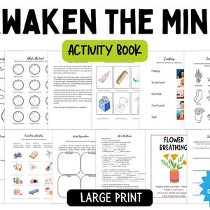 May include: An activity book with the title "AWAKEN THE MIND" and "ACTIVITY BOOK" in large black letters. The pages feature various exercises, including drawing, matching, and fill-in-the-blanks. The book is designed with a large print format and includes an "Instant Download" graphic.