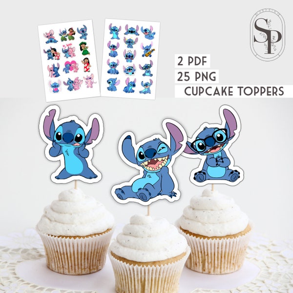 Toppers pour cupcakes Stitch lilo et stitch angel téléchargement immédiat décorations de cupcakes imprimables Stitch