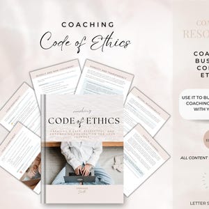 May include: A digital coaching resource titled "Code of Ethics" with a book and several document pages. The book cover features the title and a person using a laptop. The resource includes 20 editable pages and is letter size.
