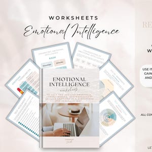 May include: A collection of coaching worksheets titled "Emotional Intelligence." The cover features a person using a laptop. Surrounding the book are several worksheets with titles like "Emotions Thermometer" and "Self-Assessment." The image also includes the text "Coaching Resources."