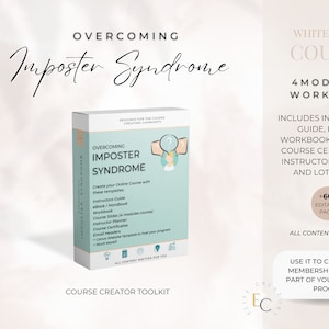 May include: A white-label course creator toolkit for overcoming imposter syndrome. The toolkit includes a course guide, ebook, workbook, webinar, course certificates, instructor planner, and more. The toolkit is designed for the course creators community. The image features a box with the title 'Overcoming Imposter Syndrome' and a course creator toolkit logo. The text '+600 Editable Pages' is also visible. The image is set against a white background with a light pink gradient.