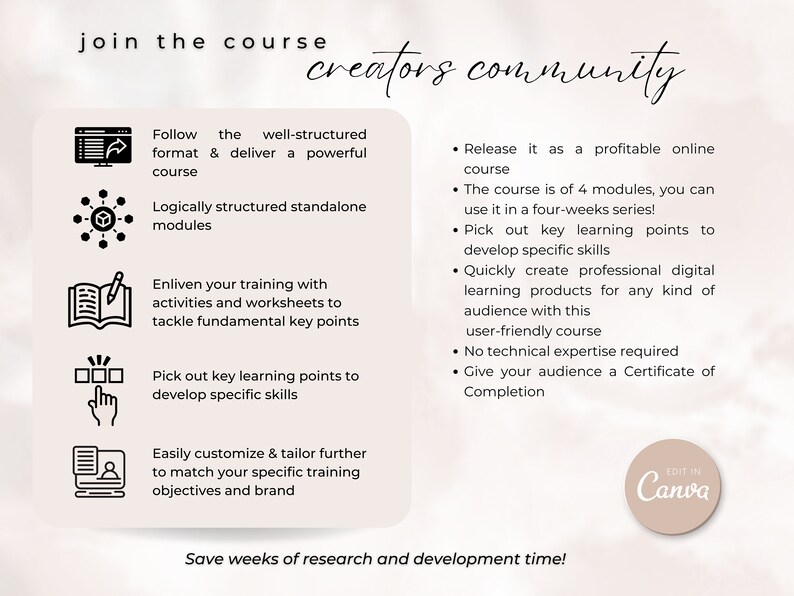 May include: A graphic with black icons and white text on a light pink background. The text reads "join the course creators community". The graphic lists the benefits of joining the course creators community, such as creating a well-structured course, logically structured modules, and creating professional digital learning products.