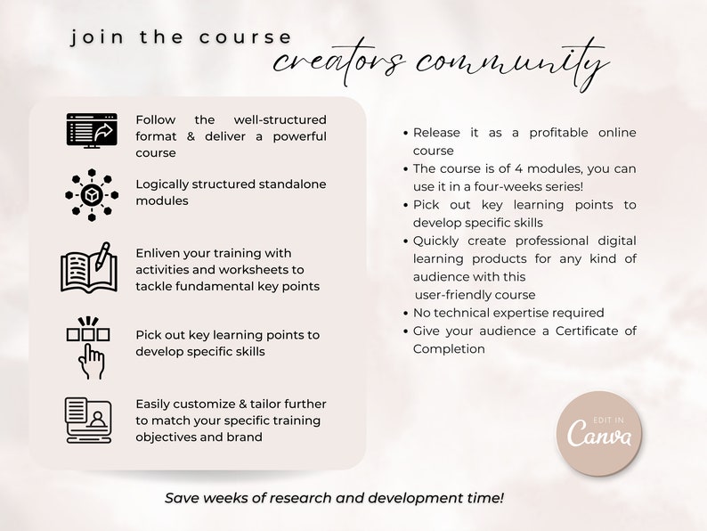 May include: Black and white infographic with icons showing the benefits of joining a course creators community. The text reads "Join the course creators community" and lists benefits such as "Follow the well-structured format & deliver a powerful course", "Logically structured standalone modules", "Enliven your training with activities and worksheets to tackle fundamental key points", "Pick out key learning points to develop specific skills", "Easily customize & tailor further to match your specific training objectives and brand", "Release it as a profitable online course", "The course is of 4 modules, you can use it in a four-weeks series!", "Pick out key learning points to develop specific skills", "Quickly create professional digital learning products for any kind of audience with this user-friendly course", "No technical expertise required", "Give your audience a Certificate of Completion". The text "Save weeks of research and development time!" is at the bottom of the infographic. The text "Edit in Canva" is in a circle at the bottom right corner of the infographic.