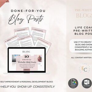 May include: A digital product mockup showing a laptop screen displaying a pink and white graphic with the text "10 Done For You Website Blog Posts" and the words "Self Improvement & Personal Development Blogs To Help You Show Up Consistently". The image also includes icons for Google Docs, Microsoft Word, and Canva.