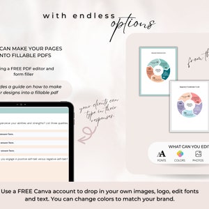 May include: A digital illustration showing how to turn a page into a fillable PDF. The image shows a tablet with a fillable form and a circle graph that can be edited. The text "from this to this" is written in a handwritten font. The text "What can you edit?" is written in a bold font with icons for fonts, colors, photos, and text. The text "Use a FREE Canva account to drop in your own images, logo, edit fonts and text. You can change colors to match your brand." is written in a handwritten font.
