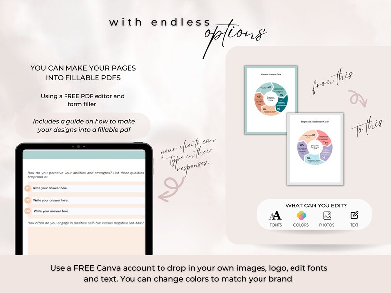 May include: A digital illustration showing how to turn a page into a fillable PDF. The image shows a tablet with a fillable form and a circle graph that can be edited. The text "from this to this" is written in a handwritten font. The text "What can you edit?" is written in a bold font with icons for fonts, colors, photos, and text. The text "Use a FREE Canva account to drop in your own images, logo, edit fonts and text. You can change colors to match your brand." is written in a handwritten font.