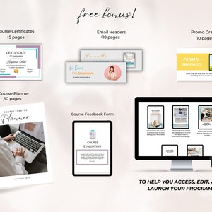 May include: A digital marketing course bundle with free bonus materials. The bundle includes a course planner, certificates, email headers, promo graphics, and a course feedback form. The text "free bonus!" is written in a pink and orange font.