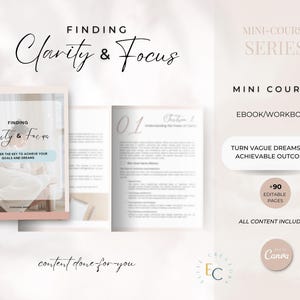 Puede incluir: Un libro electrónico y un cuaderno de trabajo titulado "Finding Clarity & Focus" con un diseño rosa pálido y blanco. El texto de la portada incluye "Descubre la clave para lograr tus metas y sueños". La imagen también promociona una miniserie de cursos.