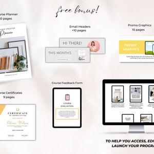 May include: A digital marketing course planner with a free bonus pack. The bonus pack includes email headers, promo graphics, course certificates, and a course feedback form. The planner is white with a blue and yellow design. The bonus pack is in a variety of colors.