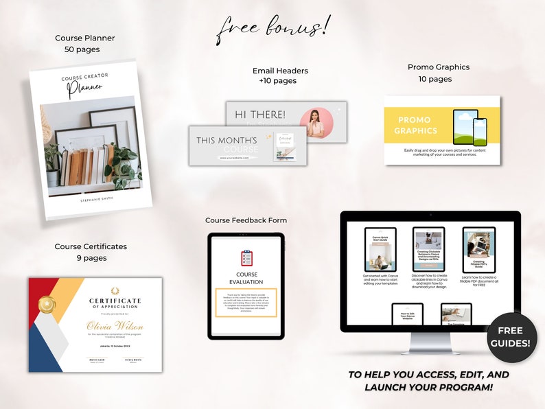 May include: A digital marketing course planner with a free bonus pack. The bonus pack includes email headers, promo graphics, course certificates, and a course feedback form. The planner is white with a blue and yellow design. The bonus pack is in a variety of colors.