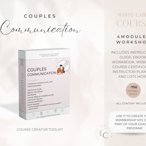 Puede incluir: Una maqueta de producto digital blanca y rosa con el texto "Couples Communication Course Kit" y "Course Creator Toolkit". El producto incluye 41 módulos, una guía del instructor, un libro electrónico, un libro de trabajo, un seminario web, certificados de curso, un planificador del instructor y mucho más. El producto está diseñado para la comunidad de creadores de cursos.