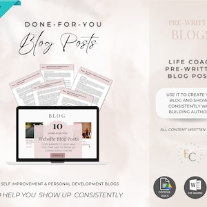 May include: A digital product mockup showing 10 done-for-you website blog posts for life coaches. The text "DONE-FOR-YOU Blog Posts" is written in a cursive font. The text "10 Website Blog Posts" is displayed on a laptop screen. The text "Edition 2" is also visible on the laptop screen. The image includes icons for Google Docs, Microsoft Word, and Canva.