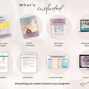 May include: A digital product bundle for a conflict resolution course. The bundle includes an instructor guide, ebook, workbook, presentation slides, course syllabus, cheat sheet, course overview, and a Canva website template. The text "What's included" and "Everything you need to launch your program!" is visible in the image.