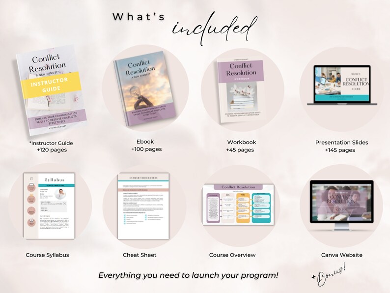May include: A digital product bundle for a conflict resolution course. The bundle includes an instructor guide, ebook, workbook, presentation slides, course syllabus, cheat sheet, course overview, and a Canva website template. The text "What's included" and "Everything you need to launch your program!" is visible in the image.