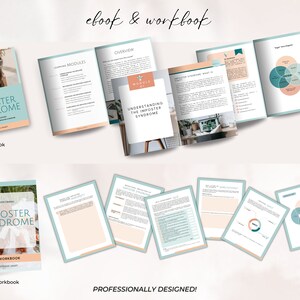 May include: An ebook and workbook titled "Overcoming Imposter Syndrome" with a teal and peach color scheme. The ebook cover features a woman wearing sunglasses and a straw hat. The workbook cover features a photo of a group of people sitting on a blanket. The text "Professionally Designed!" is at the bottom of the image.