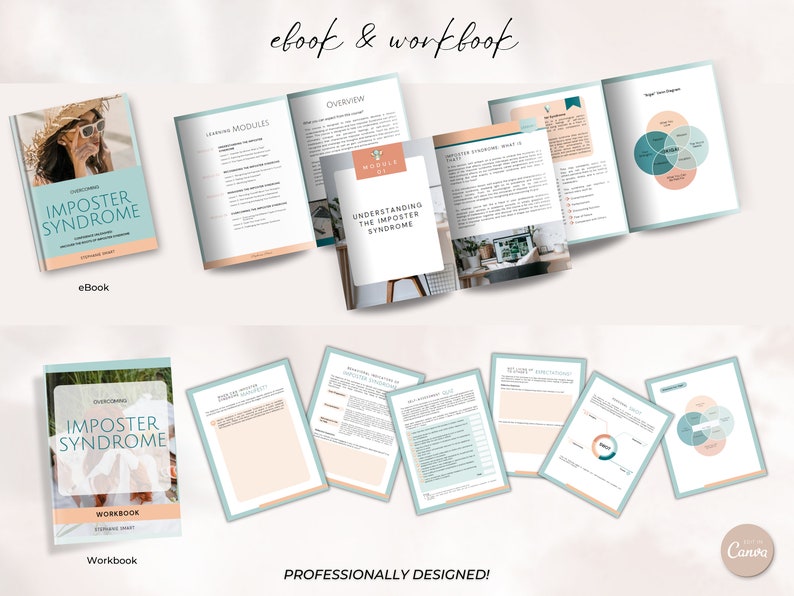 May include: An ebook and workbook titled "Overcoming Imposter Syndrome" with a teal and peach color scheme. The ebook cover features a woman wearing sunglasses and a straw hat. The workbook cover features a photo of a group of people sitting on a blanket. The text "Professionally Designed!" is at the bottom of the image.