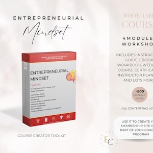 May include: A red and white box with the text "Entrepreneurial Mindset" and "Course Kit". The box contains a course creator toolkit with over 800 editable pages. The text "White-Label Course" and "4 Modules Workshop" is visible in the background.