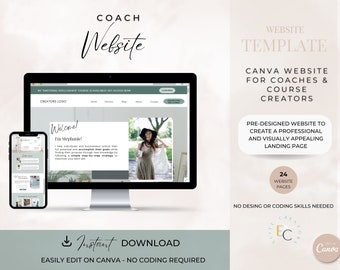 Puede incluir: Una plantilla de sitio web de Canva para entrenadores y creadores de cursos. La plantilla presenta una página de destino prediseñada con 24 páginas de sitio web. La plantilla es fácil de editar y no requiere habilidades de codificación. La imagen muestra una maqueta del sitio web en una pantalla de computadora y un teléfono móvil.