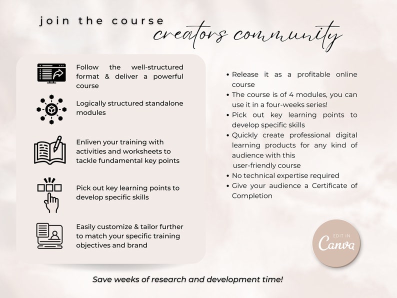 May include: A white and pink graphic with black text outlining the benefits of joining a course creators community. The text includes "Follow the well-structured format & deliver a powerful course", "Logically structured standalone modules", "Enliven your training with activities and worksheets to tackle fundamental key points", "Pick out key learning points to develop specific skills", "Easily customize & tailor further to match your specific training objectives and brand", "Release it as a profitable online course", "The course is of 4 modules, you can use it in a four-weeks series!", "Pick out key learning points to develop specific skills", "Quickly create professional digital learning products for any kind of audience with this user-friendly course", "No technical expertise required", "Give your audience a Certificate of Completion", and "Save weeks of research and development time!" The graphic also includes a logo for Canva.