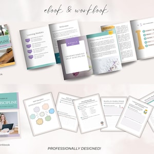 May include: A digital ebook and workbook titled "The Power of Self-Discipline" with a purple and teal color scheme. The ebook cover features a photo of a desk with a laptop and a notebook. The workbook cover features a photo of a woman sitting at a desk with a laptop. The workbook includes several pages with different sections, including "Self-Discipline", "Identifying and Challenging Roadblocks", "Benefits of a Healthy Lifestyle", and "Understanding Habits and Choices".