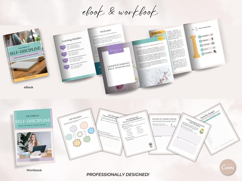May include: A digital ebook and workbook titled "The Power of Self-Discipline" with a purple and teal color scheme. The ebook cover features a photo of a desk with a laptop and a notebook. The workbook cover features a photo of a woman sitting at a desk with a laptop. The workbook includes several pages with different sections, including "Self-Discipline", "Identifying and Challenging Roadblocks", "Benefits of a Healthy Lifestyle", and "Understanding Habits and Choices".
