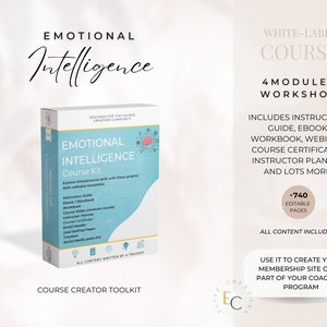 May include: A blue and white box with the text "Emotional Intelligence Course Kit" and "Course Creator Toolkit". The box is a white-label course kit with 740 editable pages, including an instructor guide, ebook, workbook, webinar, course certificates, instructor planner, and more. The kit can be used to create a membership site or as part of a coaching program.