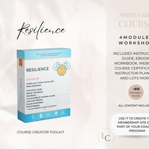 Op de afbeelding: Een blauwe en witte doos met de tekst "Resilience Course Kit" en een hersengrafiek. De doos is gelabeld "Course Creator Toolkit" en bevat meer dan 615 bewerkbare pagina's. De tekst "White-Label Course" en "4 Modules Workshop" wordt boven de doos weergegeven.