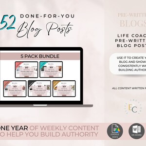 Könnte beinhalten: Der Bildschirm eines Laptops zeigt ein 5er-Paket mit vorgefertigten Blog-Beiträgen für Lebenscoaches. Der Text "52 Blog Posts" wird über dem Laptop angezeigt. Der Text "One Year of Weekly Content to Help You Build Authority" wird unter dem Laptop angezeigt. Der Text "Pre-Written Blogs" wird in der oberen rechten Ecke des Bildes angezeigt. Der Text "Life Coach Pre-Written Blog Posts" wird unter dem Text "Pre-Written Blogs" angezeigt. Der Text "Use it to Create Your Blog and Show Up Consistently While Building Authority" wird unter dem Text "Life Coach Pre-Written Blog Posts" angezeigt. Der Text "All Content Written For You" wird unter dem Text "Use it to Create Your Blog and Show Up Consistently While Building Authority" angezeigt. Der Text "Edit in Canva" wird in der unteren rechten Ecke des Bildes angezeigt.