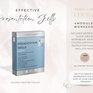 May include: A white-label course creator toolkit for teaching effective presentation skills. The kit includes an instructor guide, ebook, workbook, webinar, course certificates, instructor planner, and more. The kit is designed to help you create your own online course or membership site. The image shows a box with the title "Effective Presentation Skills Course Kit" and the text "Course Creator Toolkit".