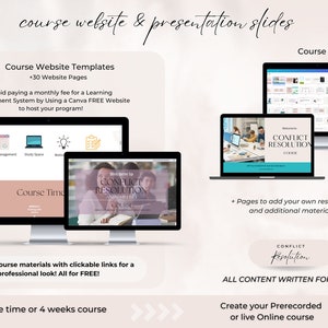 May include: A digital marketing image promoting a Conflict Resolution course website and presentation slides. The image features a laptop screen displaying a course website template with the text "Welcome to Conflict Resolution" and a course description. The image also includes a laptop screen displaying a presentation slide with the text "Conflict Resolution Course". The image includes the text "Course Website Templates +30 Website Pages" and "Course Slides".