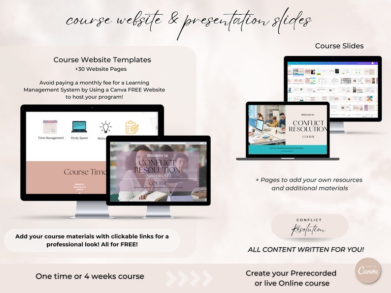 May include: A digital marketing image promoting a Conflict Resolution course website and presentation slides. The image features a laptop screen displaying a course website template with the text "Welcome to Conflict Resolution" and a course description. The image also includes a laptop screen displaying a presentation slide with the text "Conflict Resolution Course". The image includes the text "Course Website Templates +30 Website Pages" and "Course Slides".