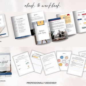 May include: A digital ebook and workbook titled "Creative Mindset" with a blue and white color scheme. The ebook cover features a photo of a woman's hands holding a plant. The workbook cover features a photo of a desk with a laptop and a plant. The text "Professionally Designed!" is printed below the images.