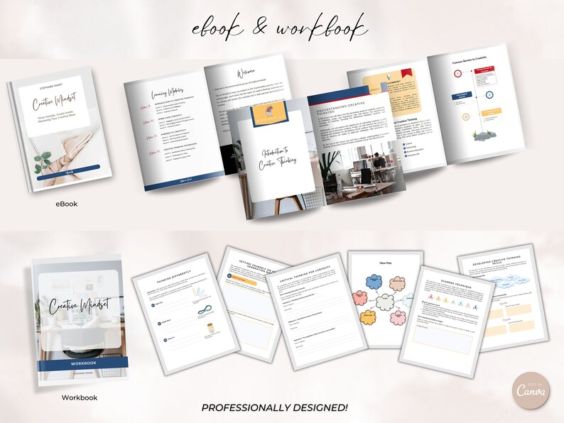 May include: A digital ebook and workbook titled "Creative Mindset" with a blue and white color scheme. The ebook cover features a photo of a woman's hands holding a plant. The workbook cover features a photo of a desk with a laptop and a plant. The text "Professionally Designed!" is printed below the images.