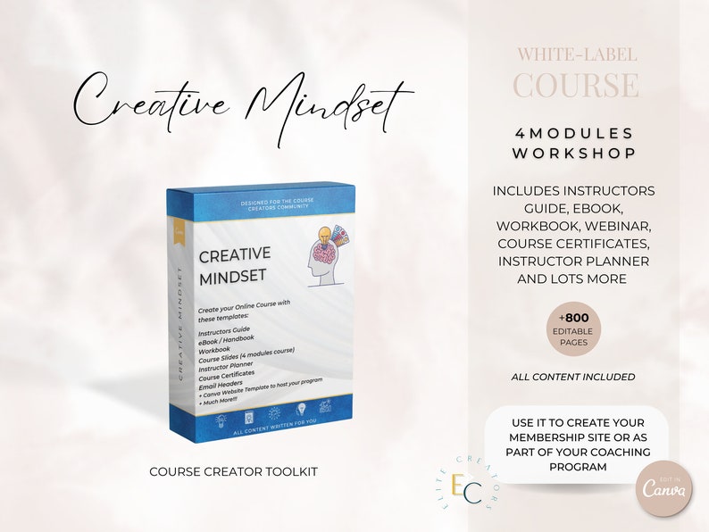 May include: A white-label course titled "Creative Mindset" with 4 modules and a workshop. The course includes an instructor guide, ebook, workbook, webinar, course certificates, instructor planner, and more. The course creator toolkit includes over 800 editable pages. All content is included. Use it to create a membership site or as part of a coaching program.