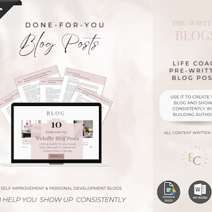 Könnte beinhalten: Ein digitales Produkt-Mockup, das einen Laptop-Bildschirm zeigt, auf dem eine Website-Blogpost-Vorlage angezeigt wird. Die Vorlage trägt den Titel "10 fertige Website-Blogbeiträge" und ist für Lebenscoaches konzipiert. Das Bild enthält auch einen Textüberlagerung, der "Fertige Blogbeiträge" und "Vorgefertigte Blogbeiträge für Lebenscoaches" lautet.