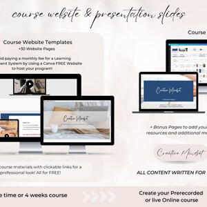 May include: A digital marketing course website and presentation slides template with a blue and white color scheme. The template includes over 30 website pages and bonus pages to add your own resources. The text "Creative Mindset" is featured on the website and slides. The template is designed to be used with Canva.