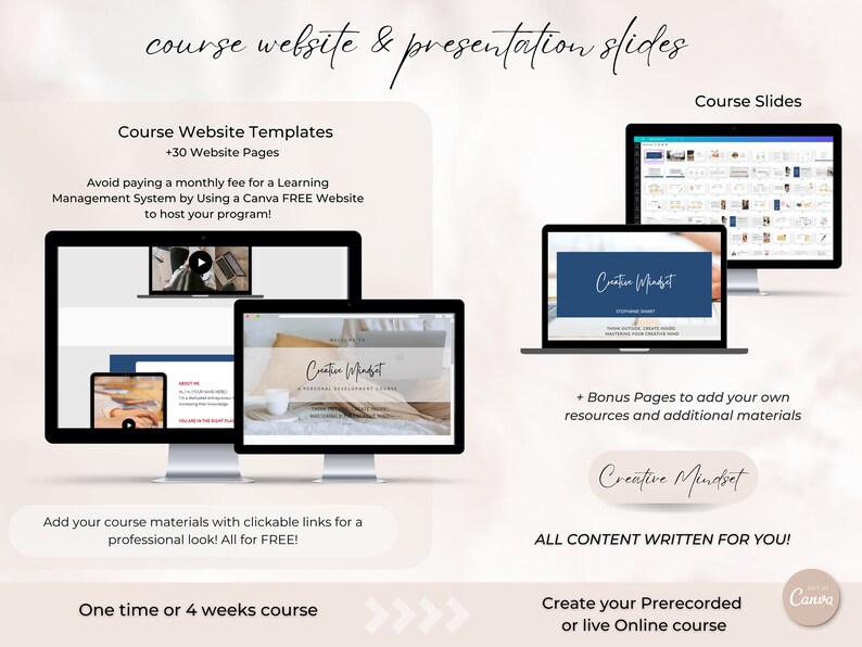 May include: A digital marketing course website and presentation slides template with a blue and white color scheme. The template includes over 30 website pages and bonus pages to add your own resources. The text "Creative Mindset" is featured on the website and slides. The template is designed to be used with Canva.