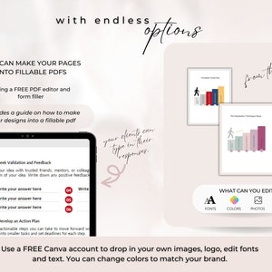 May include: A digital illustration showing how to turn a page into a fillable PDF using a free PDF editor. The image shows a tablet screen with a sample page and a guide on how to make a fillable PDF. The image also shows two different versions of a bar graph, one with solid colors and the other with a more subtle color palette. The text "You can make your pages into fillable PDFs" is displayed at the top of the image. The text "Use a FREE Canva account to drop in your own images, logo, edit fonts and text. You can change colors to match your brand." is displayed at the bottom of the image.