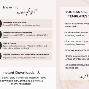 May include: A pink and white graphic with the text "how it works?" and "YOU CAN USE THIS TEMPLATES TO:"  The graphic describes how to use digital templates to build a course, add content to coaching services, launch an online coaching business, improve content, create new sections for online offers, and use as a personal development learning tool. The graphic also includes the text "Instant Downloads" and a download icon.