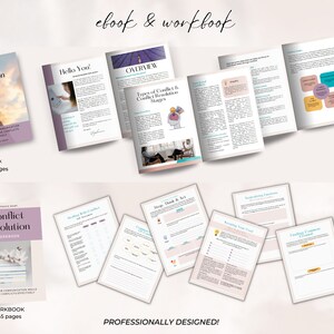 May include: A digital ebook and workbook set on conflict resolution. The ebook cover features a light bulb with a hand holding it. The workbook cover features a stack of books with white flowers. The text on the covers reads "Conflict Resolution".