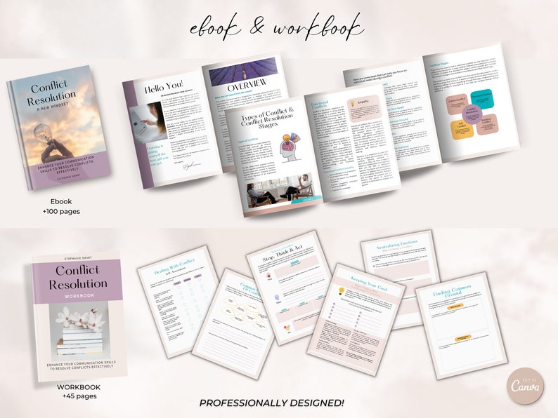 May include: A digital ebook and workbook set on conflict resolution. The ebook cover features a light bulb with a hand holding it. The workbook cover features a stack of books with white flowers. The text on the covers reads "Conflict Resolution".
