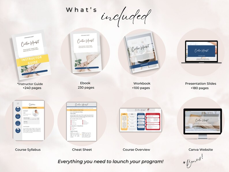 May include: A digital product bundle for launching a program, including an instructor guide, ebook, workbook, presentation slides, course syllabus, cheat sheet, course overview, and a Canva website template. The bundle is designed to help individuals create and launch their own programs.