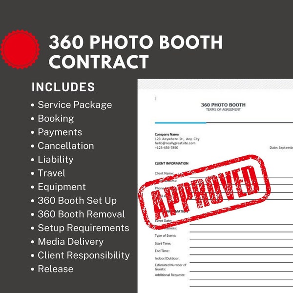 360 Photo Booth Contract, Template terms, Contract Template, Attorney Editable, 360 Photo Booth Service Agreement, Photo Booth Contract