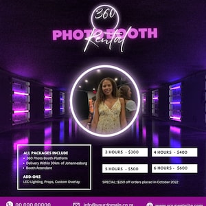 360 PHOTO BOOTH flyer, Price List, 360 photobooth template, photobooth, 360 video booth flyer, spin video animated motion Canva DIY Template