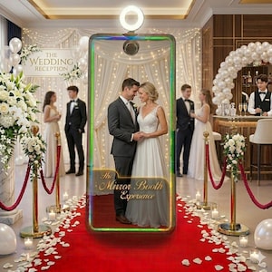 May include: A wedding reception scene with a red carpet, floral arrangements, and a mirror booth. A couple is embracing in front of the mirror booth. The text on the mirror booth reads "The Mirror Booth Experience". Other guests are in the background.