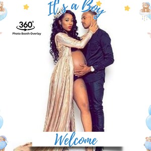 May include: A photo booth overlay with the text "It's a Boy" and "Welcome". The image features a pregnant person and another person, surrounded by blue balloons, stars, and baby-themed illustrations. The overlay is designed for a 360 photo booth.
