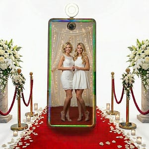 May include: Two women in white dresses pose inside a photo booth with a red carpet and floral decorations. The photo booth has a rainbow-coloured frame and a ring light at the top. The background features a curtain with fairy lights.