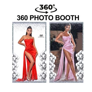 Könnte beinhalten: Das Bild zeigt ein 360 Photo Booth Konzept. Es zeigt zwei Frauen in eleganten, trägerlosen Kleidern. Ein Kleid ist leuchtend rot, das andere zartrosa. Beide Kleider haben hohe Schlitze und Schleppen, umgeben von silbernen Ballons.